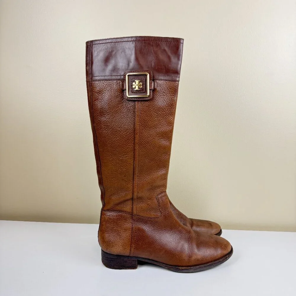 Tory Burch Julian Brown Pebbled Leather Tall Riding Boots - Picture 3 of 15